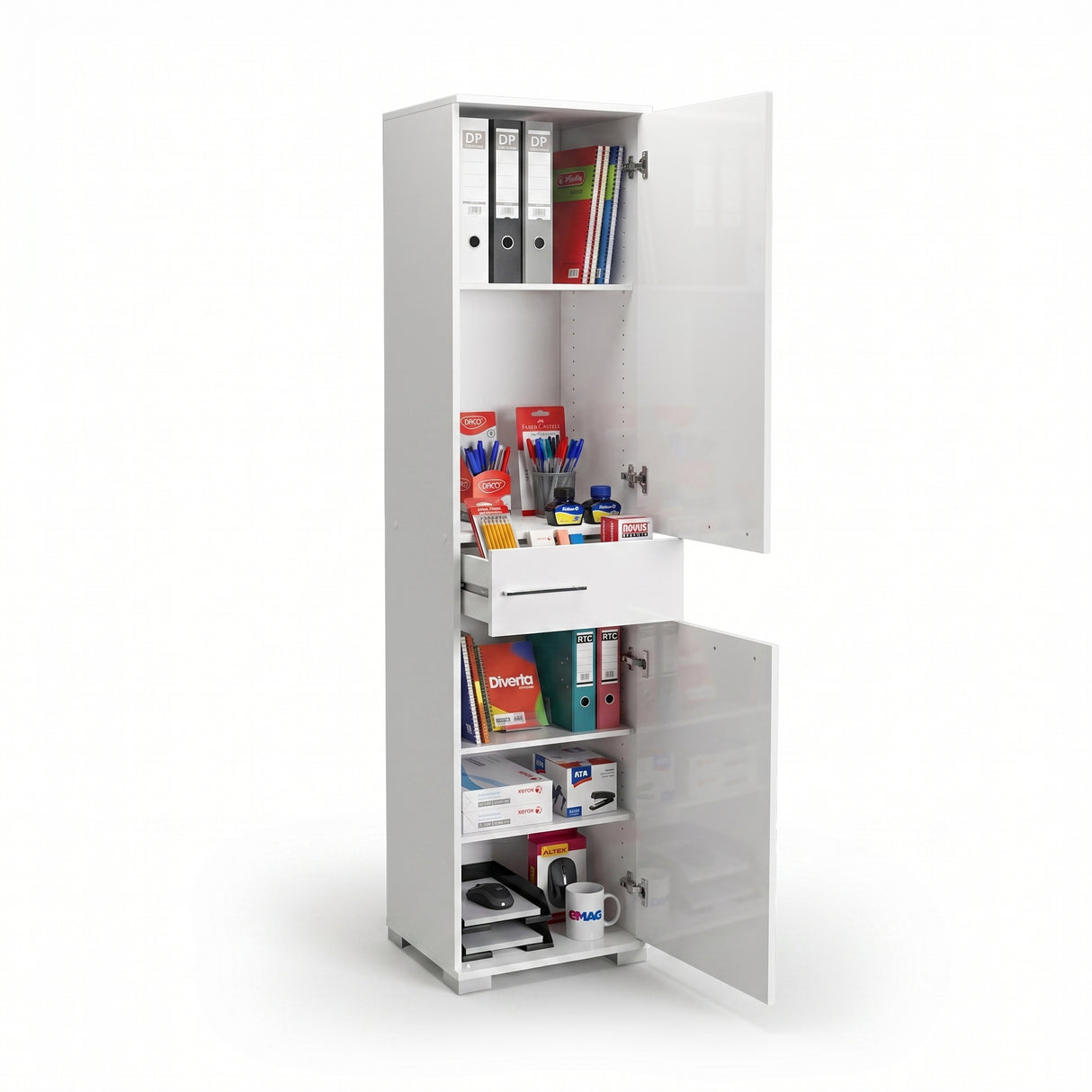 Dulap Multifunctional Adore Diamond, 2 usi, 1 sertar, Alb Lucios, 45x187x40 cm