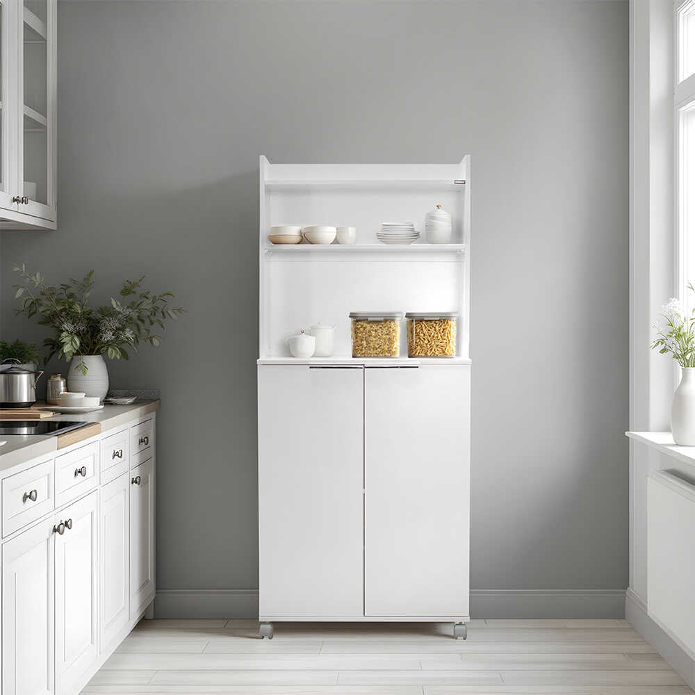 Dulap Multifunctional Adore Diamond, 2 usi, 6 rafturi, cu rotile, Alb Lucios, 73 x 172 x 36 cm