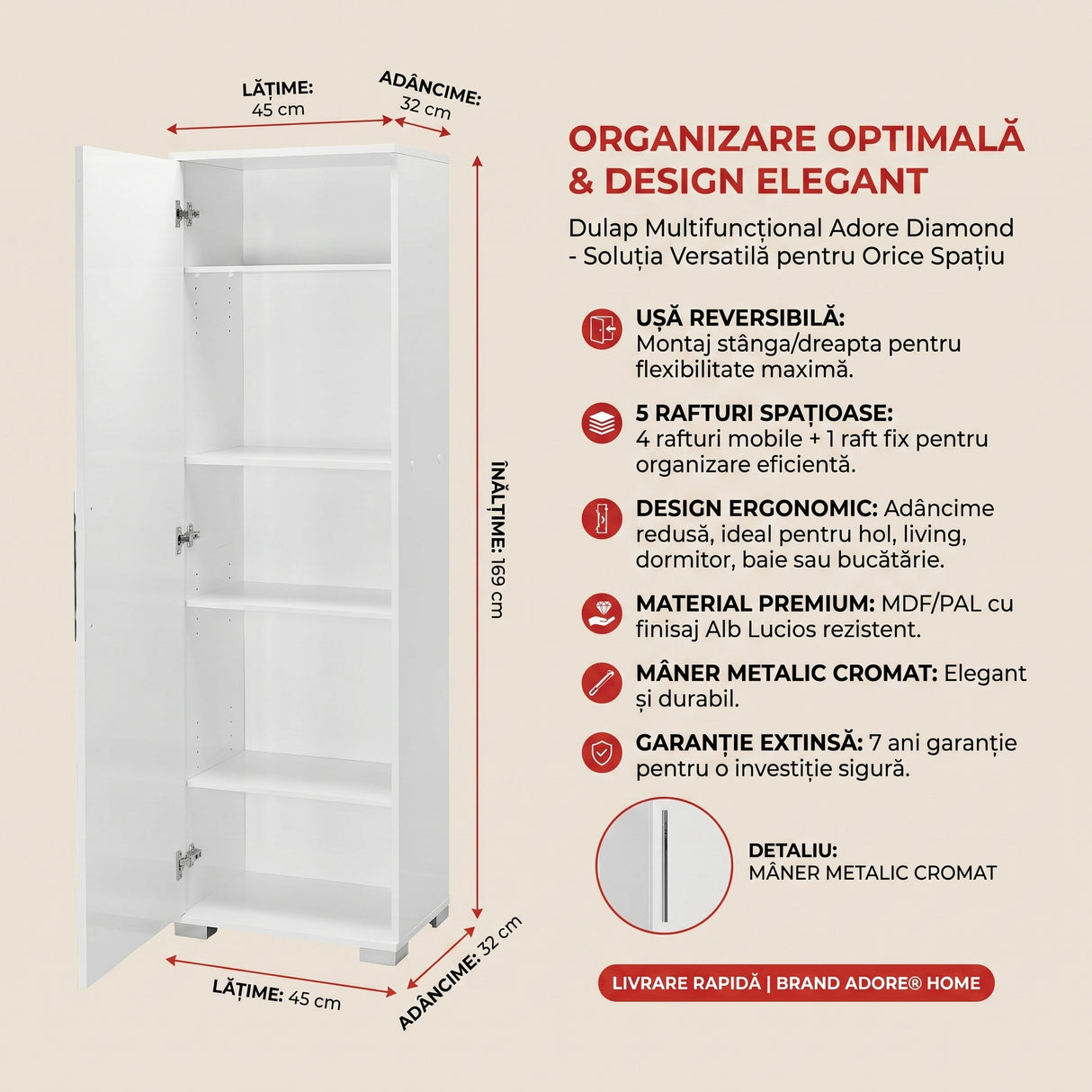 Dulap Multifunctional Adore Diamond, Usa reversibila, 5 rafturi, Alb, 45 x 169 x 32 cm