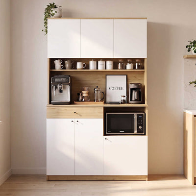 Dulap multifunctional Adore Lungo pentru colt de cafea, 6 usi si 1 sertar, Stejar - Alb, 120x195x45 cm
