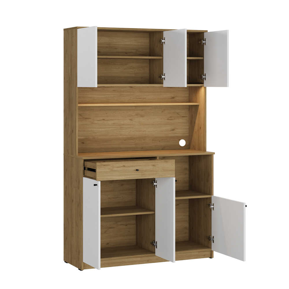 Dulap multifunctional Adore Lungo pentru colt de cafea, 6 usi si 1 sertar, Stejar - Alb, 120x195x45 cm