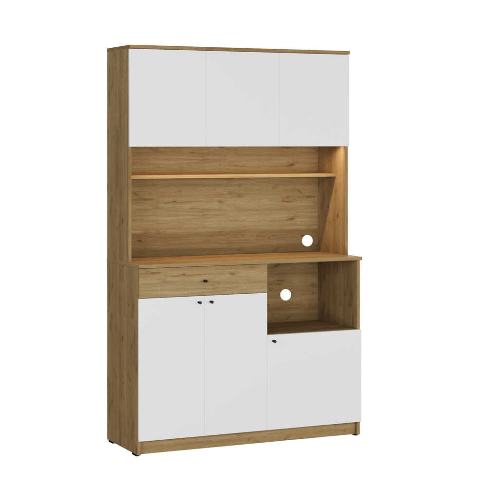 Dulap multifunctional Adore Lungo pentru colt de cafea, 6 usi si 1 sertar, Stejar - Alb, 120x195x45 cm