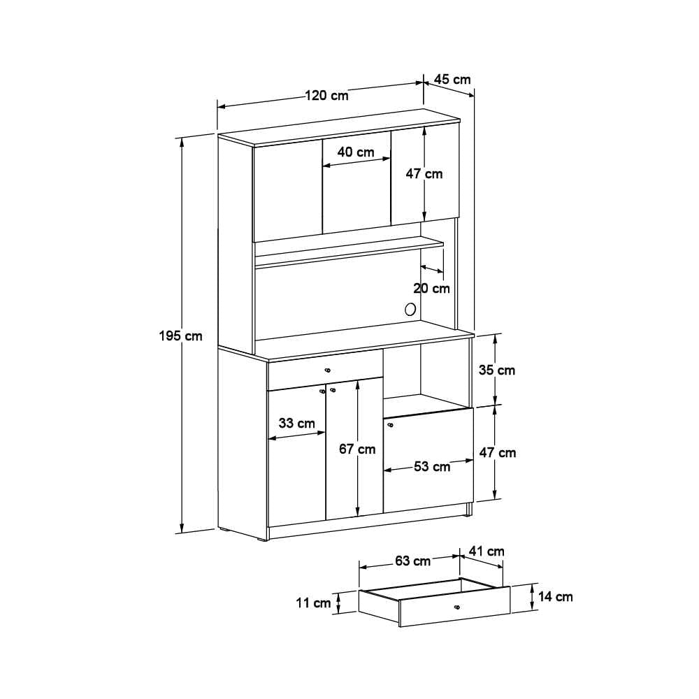 Dulap multifunctional Adore Lungo pentru colt de cafea, 6 usi si 1 sertar, Stejar - Alb, 120x195x45 cm