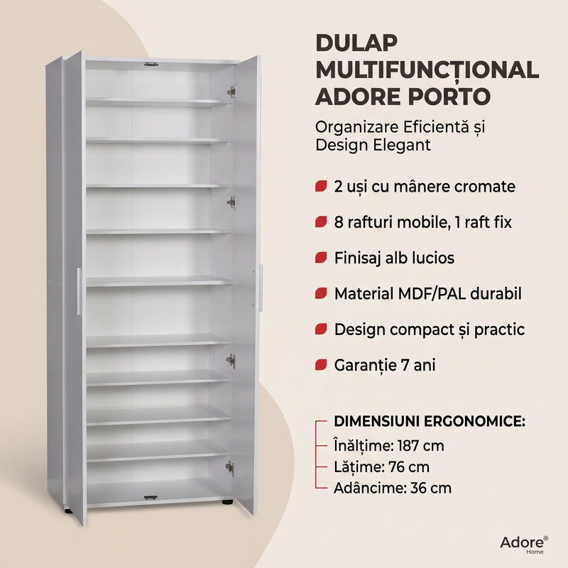 Dulap Multifunctional Adore Porto, 2 usi, 8 rafturi, Alb, 76x187x36 cm, perspectiva suplimentara