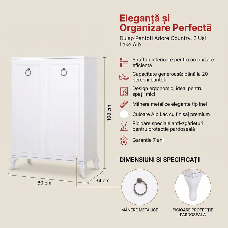 Dulap Pantofi Adore Country, 2 usi Lake Alb, 5 rafturi, 80x108x34 cm, detaliu produs