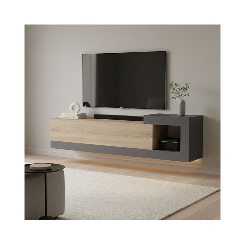 Dulap TV de perete cu montare Flato, Lemn, Sonoma-Antracit, 150x29x38 cm