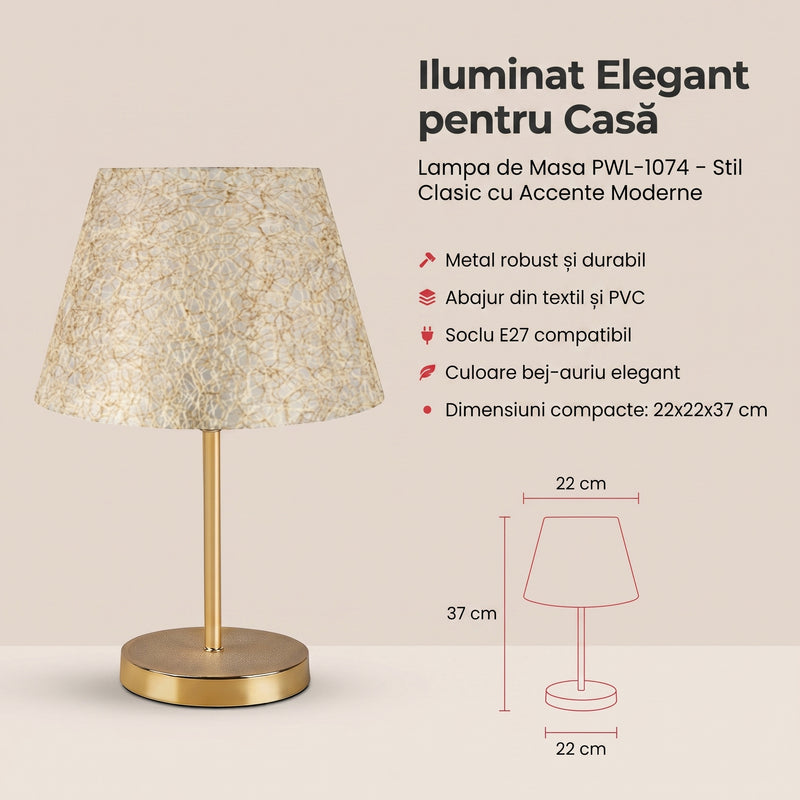 Lampa de Masa PWL-1074, bej-auriu, D22x37 cm, detaliu produs