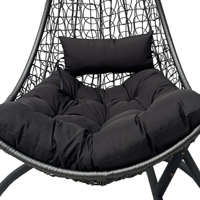 Leagăn tip cuib cu bază Soleil, metal negru, ratan natural, pernă, neagră, 120x95x195 cm, detaliu produs