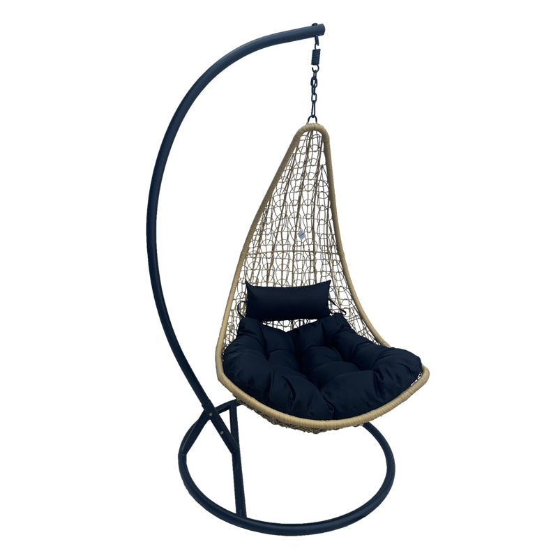 Leagăn tip cuib pe bază Soleil, Metal Negru - Ratan Natural, Pernă, Neagră, 120x95x195 cm - Negru
