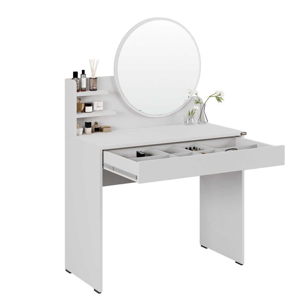 Masa de machiaj Adore cu sertar si oglinda , Crem, 90 x 138 x 45 cm