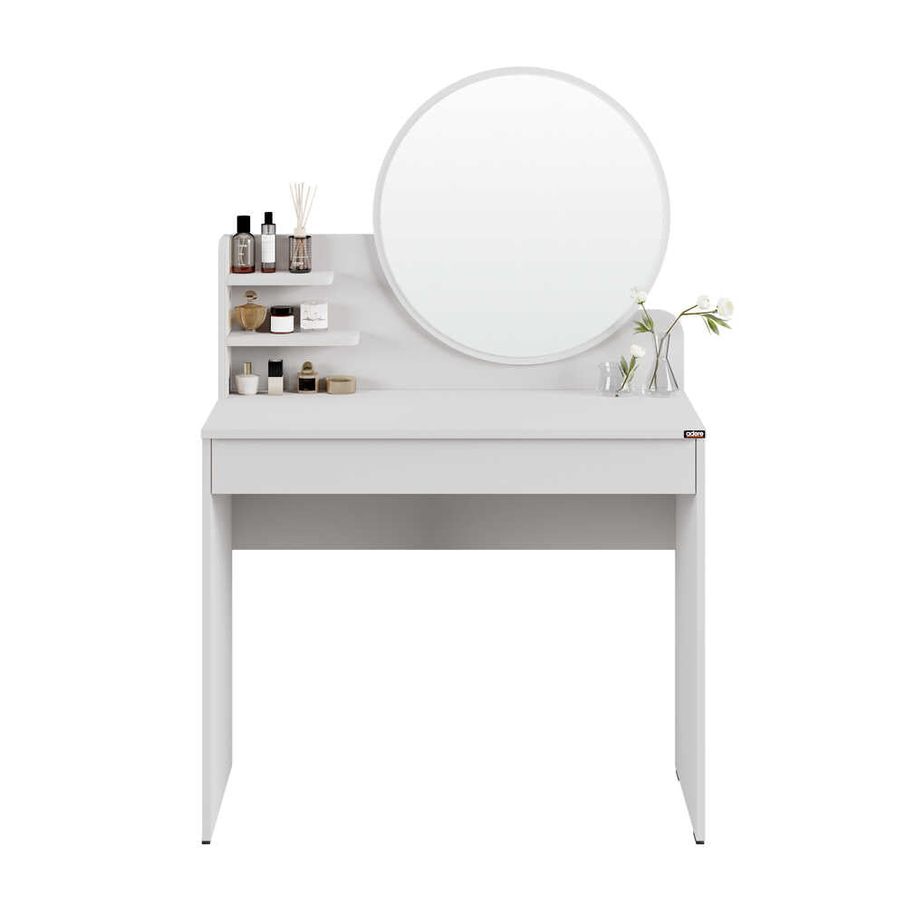 Masa de machiaj Adore cu sertar si oglinda , Crem, 90 x 138 x 45 cm