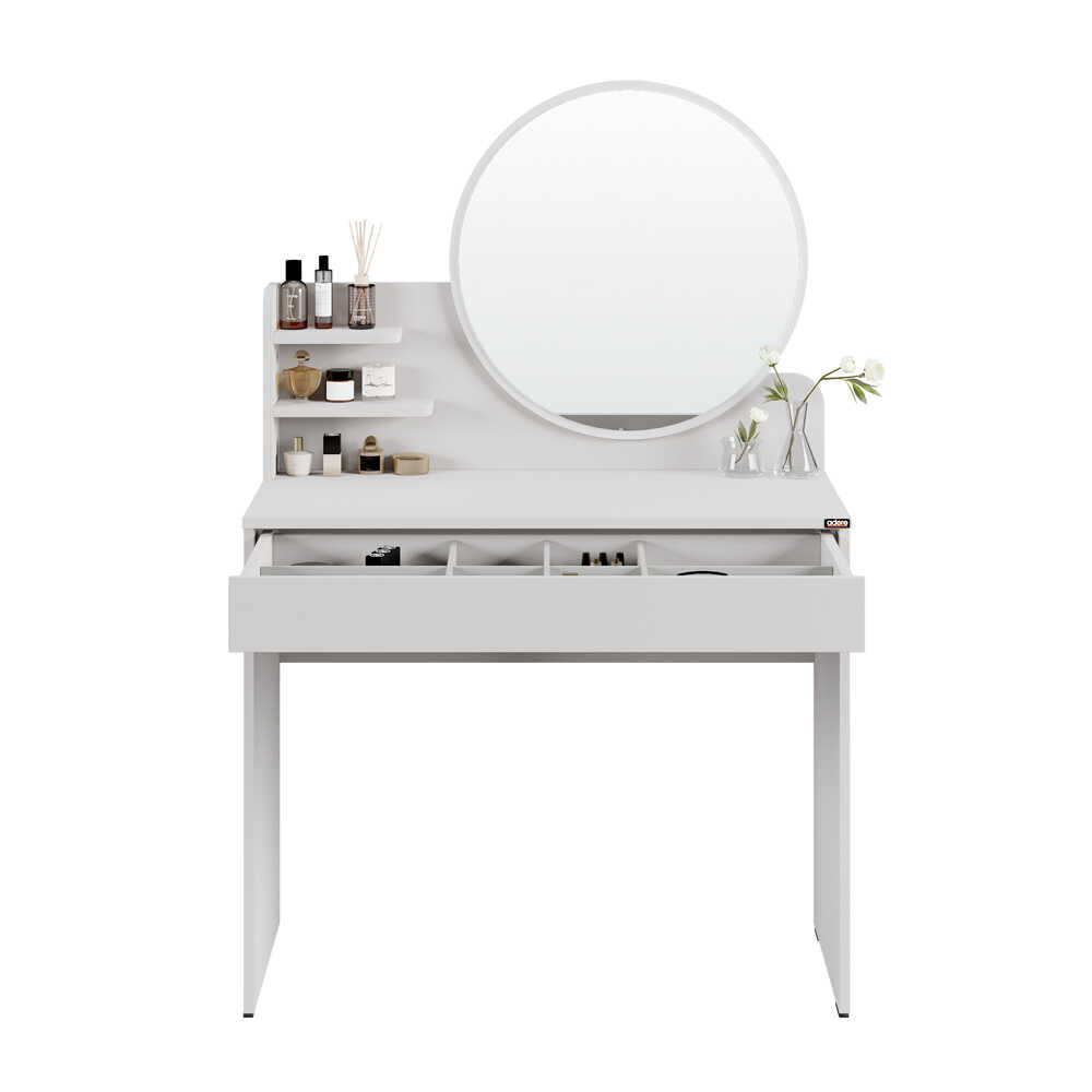 Masa de machiaj Adore cu sertar si oglinda , Crem, 90 x 138 x 45 cm