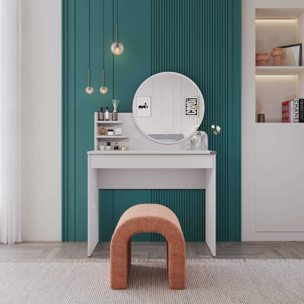 Masa de machiaj Adore cu sertar si oglinda , Crem, 90 x 138 x 45 cm