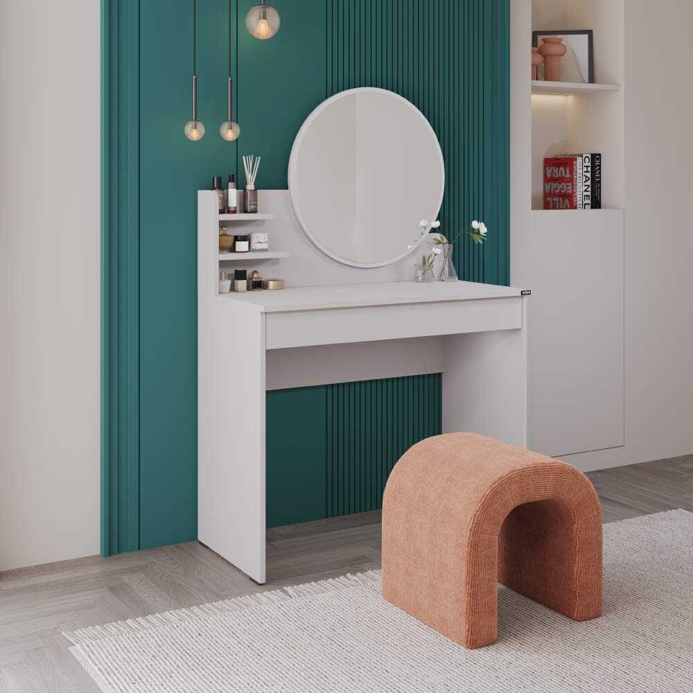 Masa de machiaj Adore cu sertar si oglinda , Crem, 90 x 138 x 45 cm