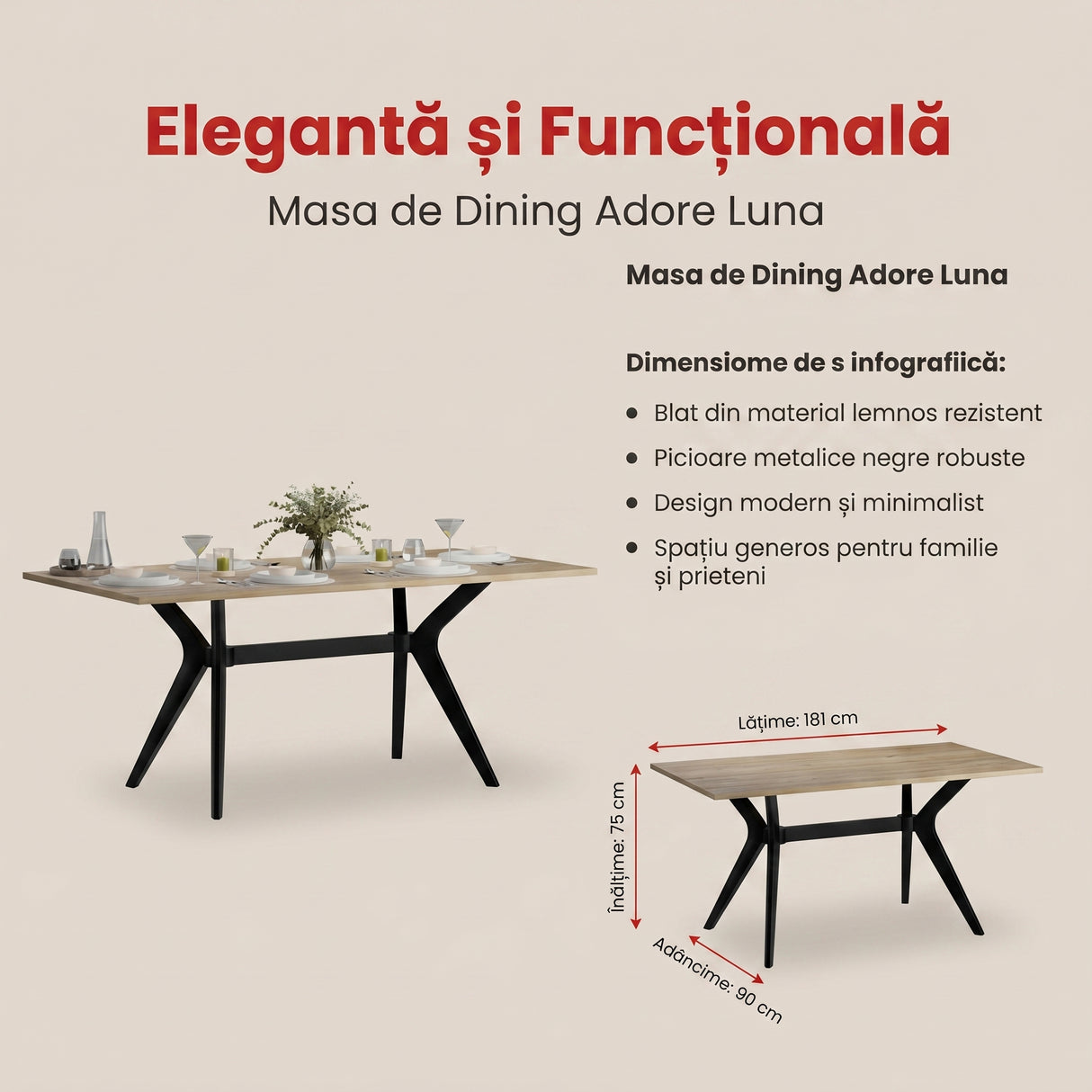Masă de Dining Adore Luna 181 x 75 x 90 cm