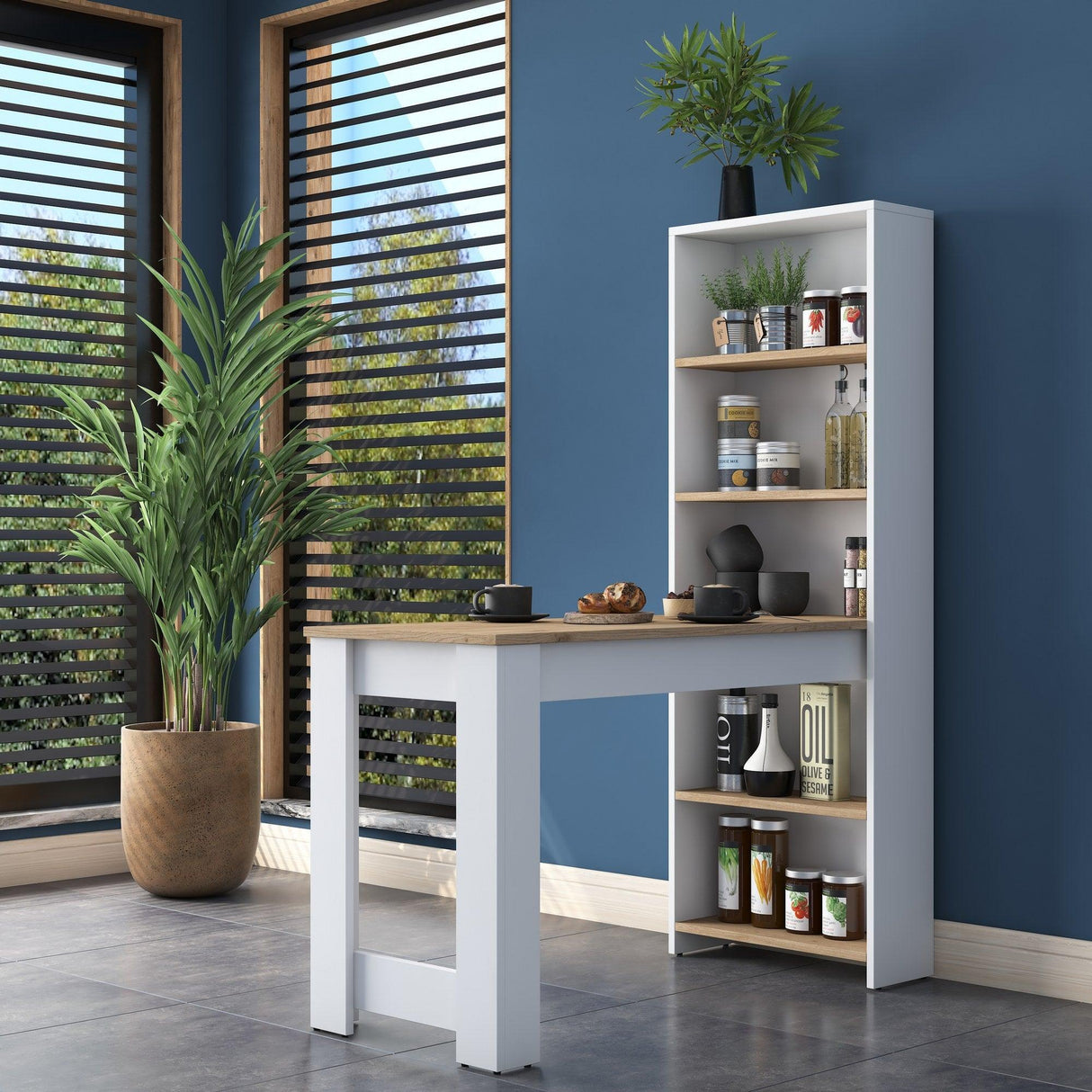 Masa de bucatarie cu biblioteca Nuc, 120 x 154 x 54 cm