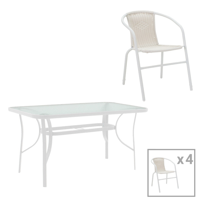 mobilier de gradina Masa de dining cu scaune set 5 piese Obbi-Ensure, metal-Sticla, 120x70x70 cm, Alb