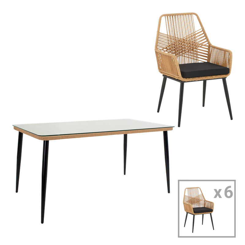 mobilier de gradina Masa de dining Naoki-Tanish set de 7 piese metal negru-pe sticla Natural 160x90x78 cm
