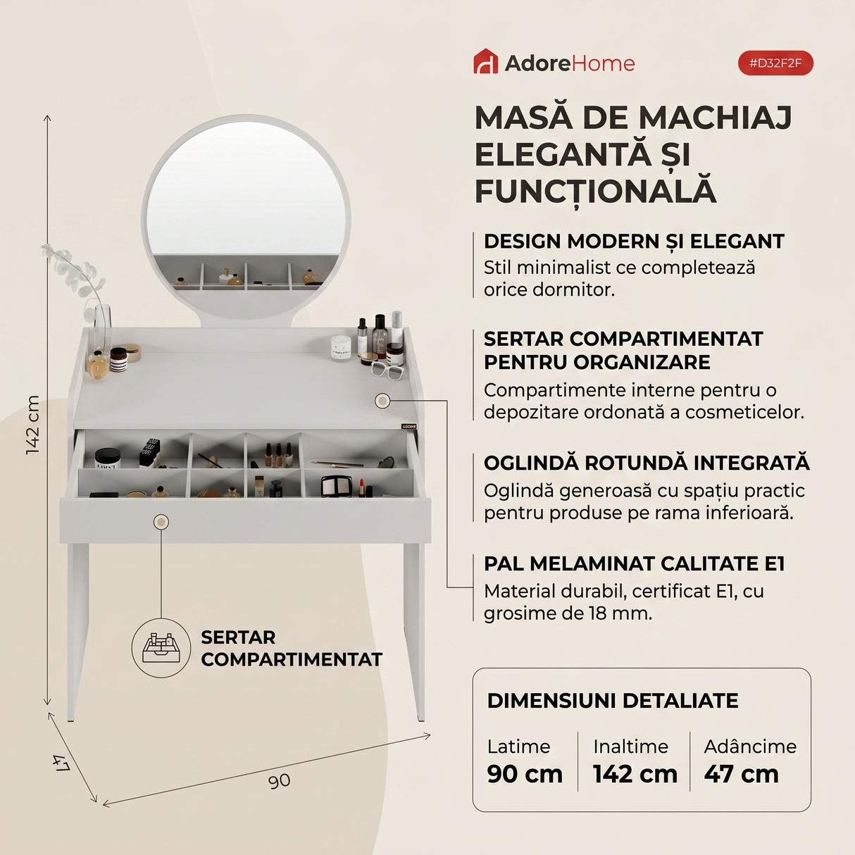 Masa de machiaj Adore cu sertar si oglinda, Alb - Bej, 90x142x47 cm
