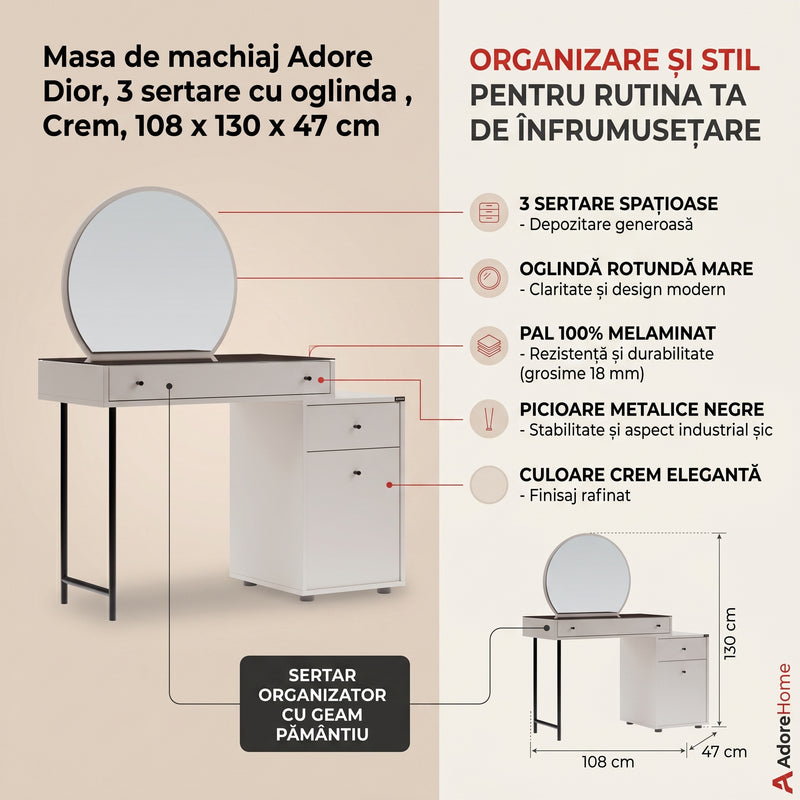 Masa de machiaj Adore Dior, 3 sertare cu oglinda, Crem, 108x130x47 cm, detaliu produs