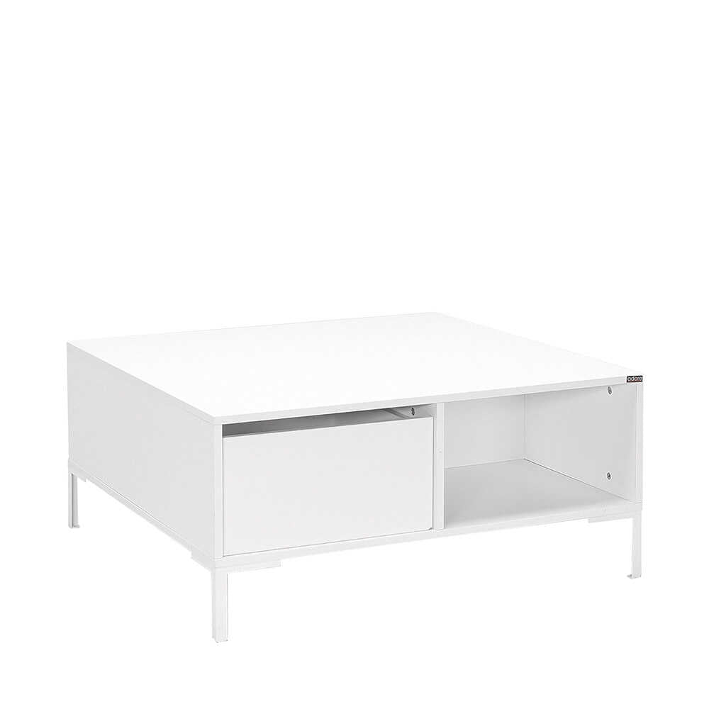 Masuta Cafea Adore cu sertar si picioare metalice, Alb, 90x42x90 cm