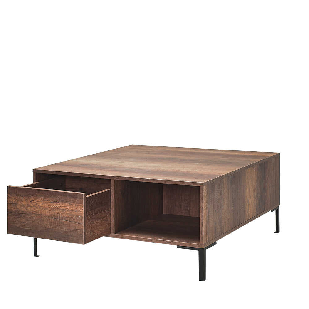 Masuta Cafea Adore cu sertar si picioare metalice, Alb - Maro - Natur, 90x42x90 cm - Maro