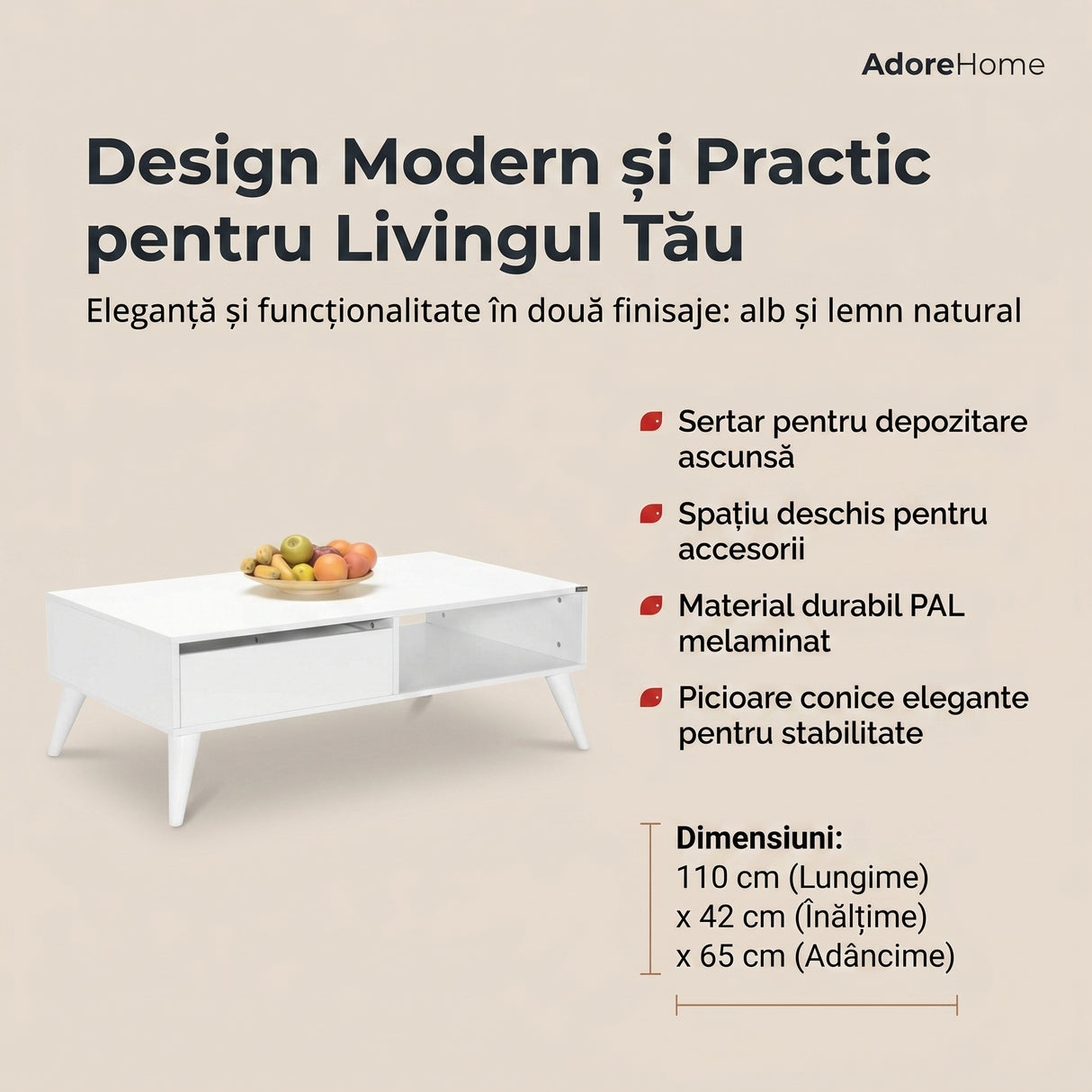Masuta Cafea cu sertar Adore Living, Alb - Lemn Natural, 110 x 42 x 65 Cm - Alb