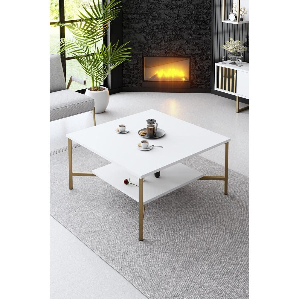 Masuta Cafea, PAL Melaminat / Metal, Gold Line, Negru / Auriu, 80x80x40 cm - Alb