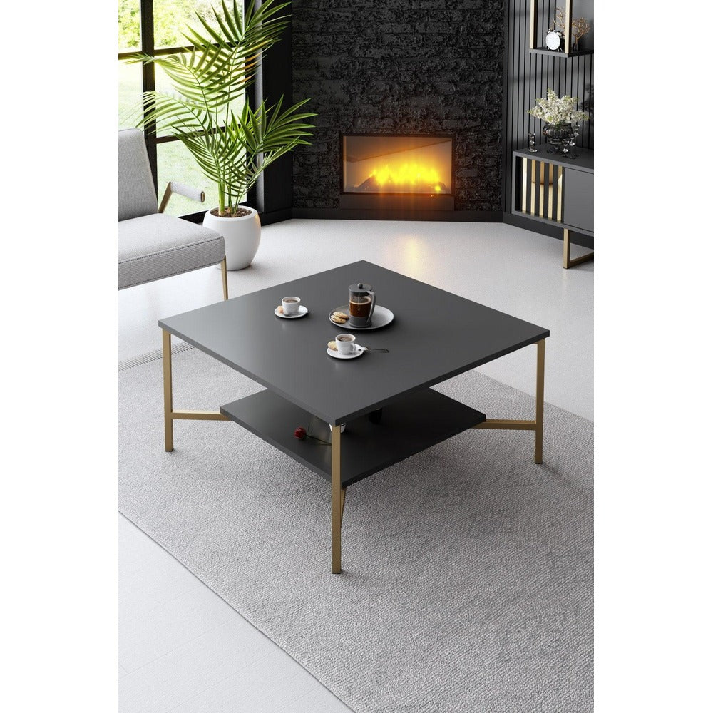 Masuta Cafea, PAL Melaminat / Metal, Gold Line, Negru / Auriu, 80x80x40 cm - Negru