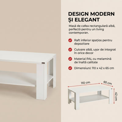 Masuta Cafea Rectangular Adore Living, Alb, 110 x 42 x 65 Cm
