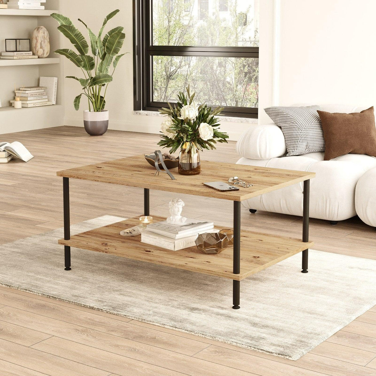 Masuta de cafea cu 2 rafturi Feronex, Stejar, 90 x 41 x 60 cm