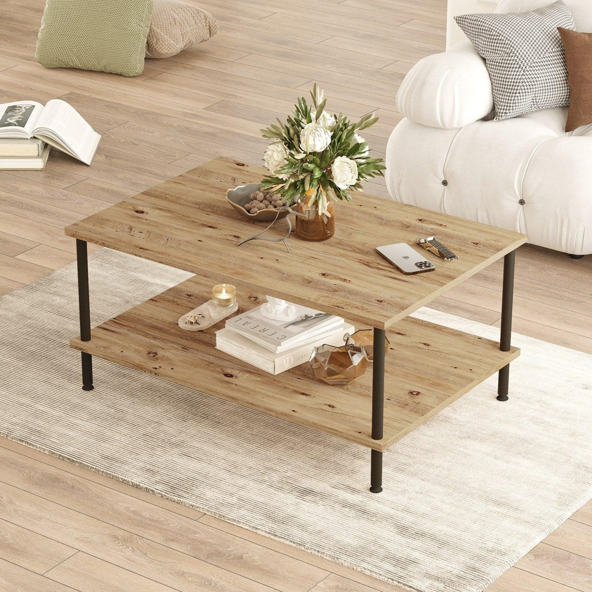 Masuta de cafea cu 2 rafturi Feronex, Stejar, 90 x 41 x 60 cm