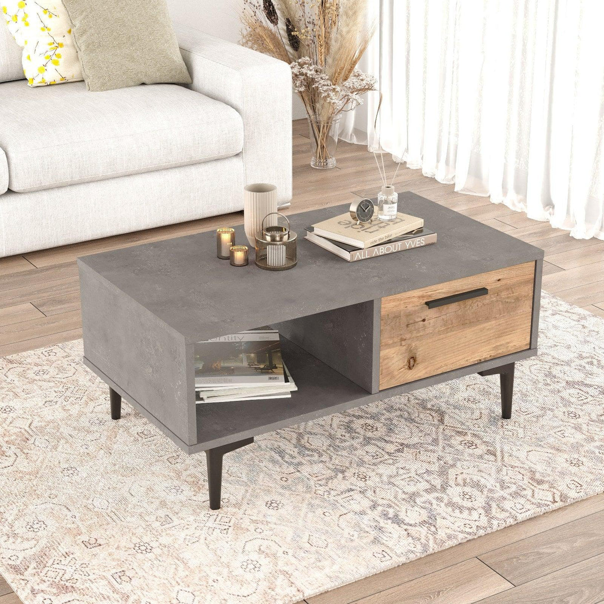 Masuta de cafea Kasap Litoral, Gri - Stejar, 90 x 41 x 51 cm