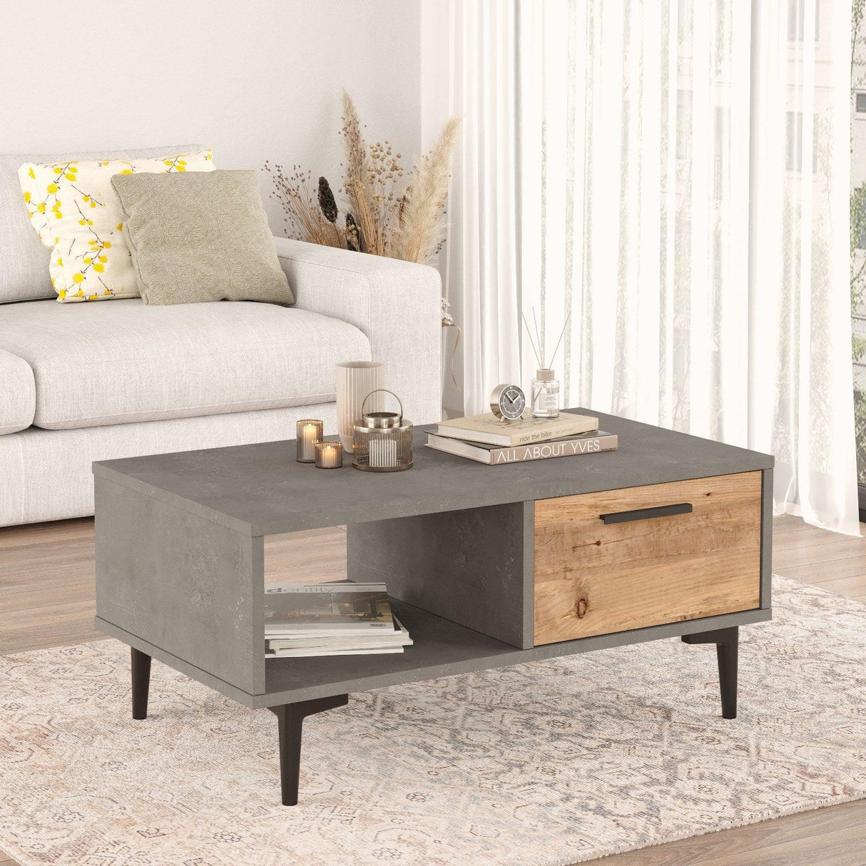 Masuta de cafea Kasap Litoral, Gri - Stejar, 90 x 41 x 51 cm