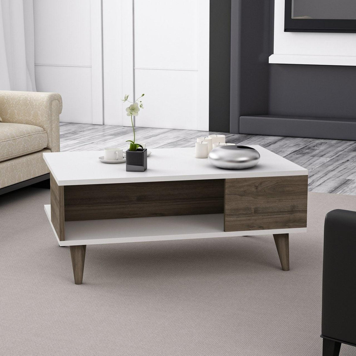 Masuta de Cafea Lyon - Walnut, White, Alb, 90x39x60 cm