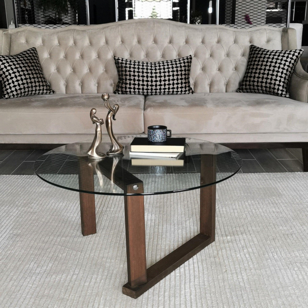 Masuta de cafea Yuvarlak Cam Orta Sehpa S300, Nuc, 80x41x80 cm