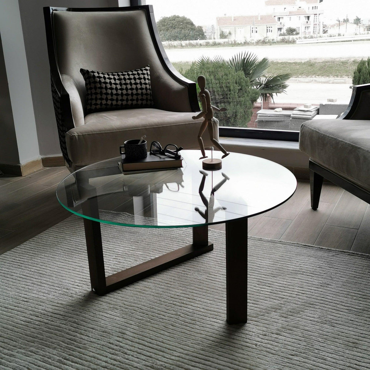 Masuta de cafea Yuvarlak Cam Orta Sehpa S300, Nuc, 80x41x80 cm