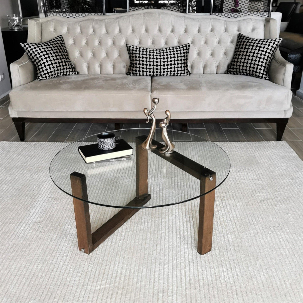 Masuta de cafea Yuvarlak Cam Orta Sehpa S300, Nuc, 80x41x80 cm