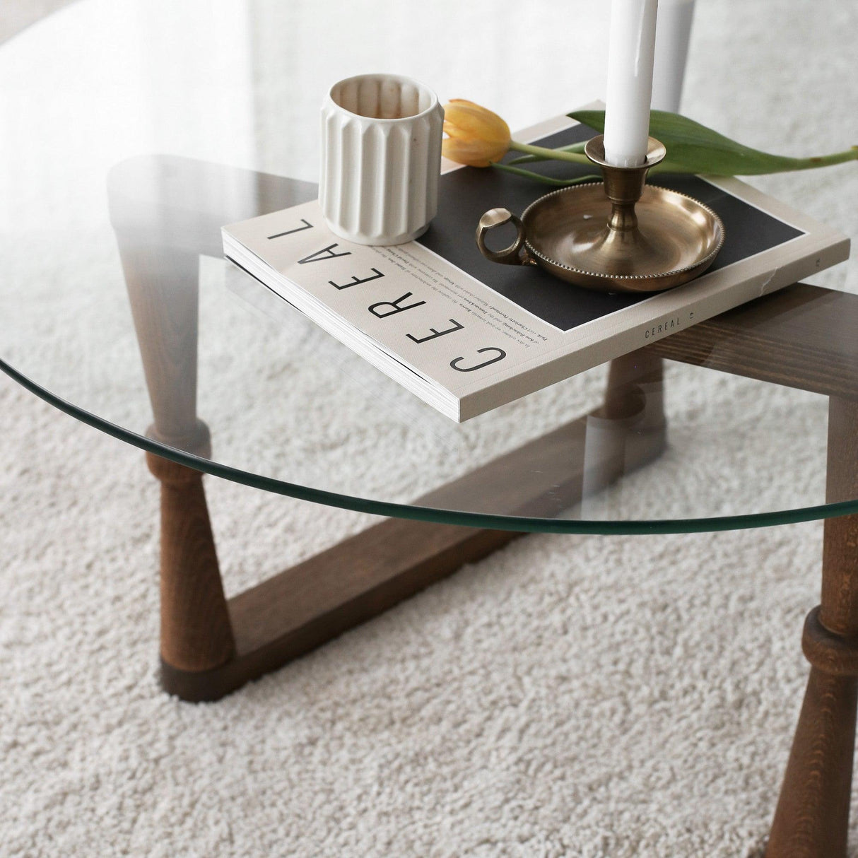 Masuta de cafea Yuvarlak Cam Orta Sehpa S301, Nuc, 80x41x80 cm