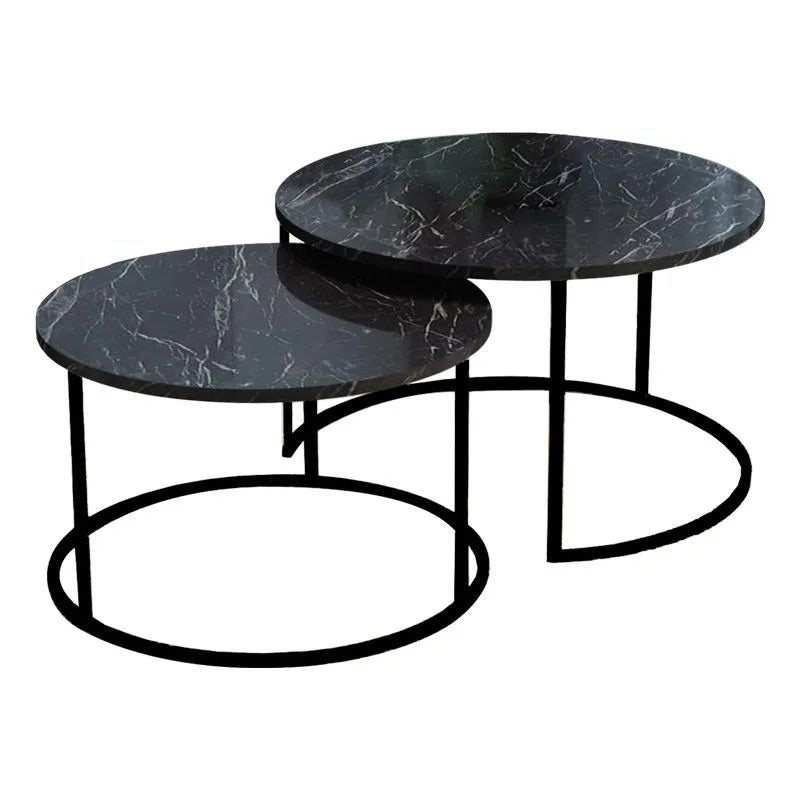 Măsuțe de cafea set 2 piese cu aspect de marmură, Solme, Metal Negru, flexibile, 75x75x45 cm