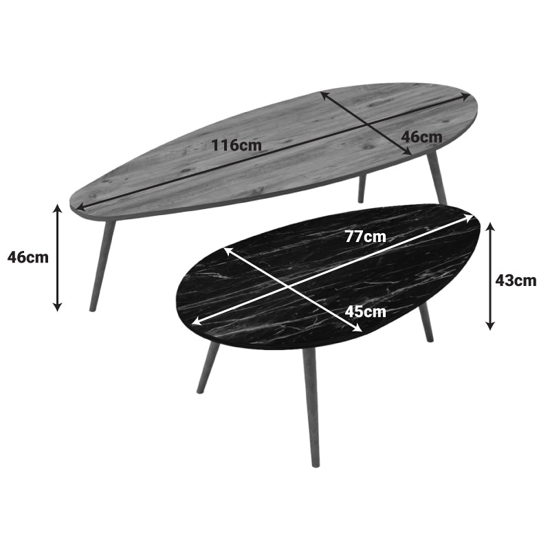 Mese de cafea Monty, set 2 piese, marmura în nuante de negru-Natural, versatile, 116x46x46 cm