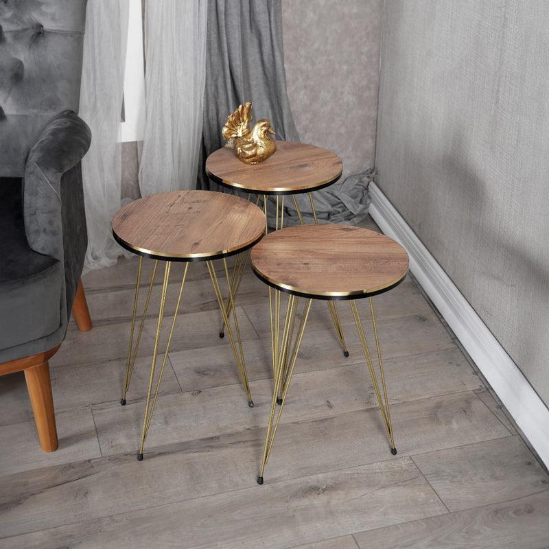 Măsuțe laterale Wakmi, Set 3 piese, 33x33x55 cm - Stejar-Auriu
