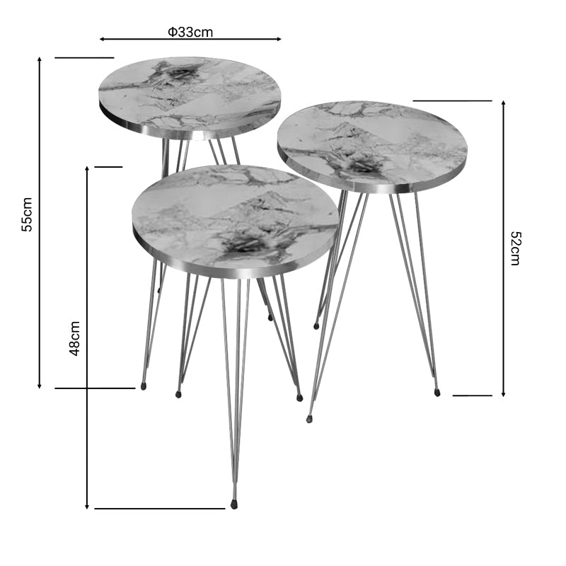 Măsuțe laterale Wakmi, Set 3 piese, 33x33x55 cm - Alb-Bej-Auriu