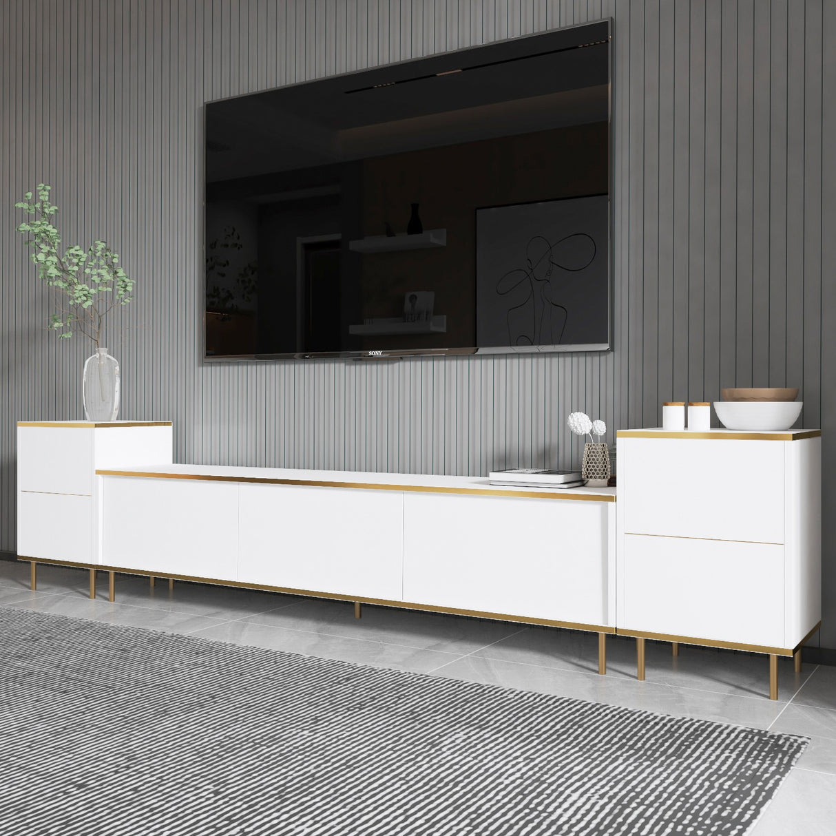 Comoda Tv Imag, Marmura, Alb, 260x60x35 cm - Alb