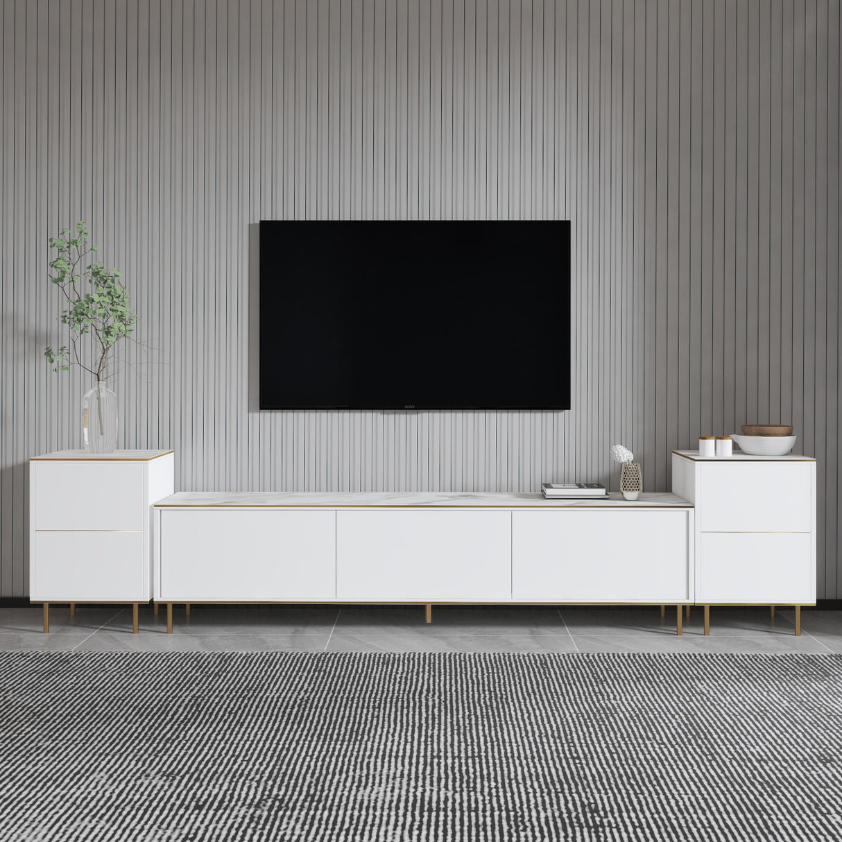 Comoda Tv Imag, Marmura, Alb, 260x60x35 cm - Marmura