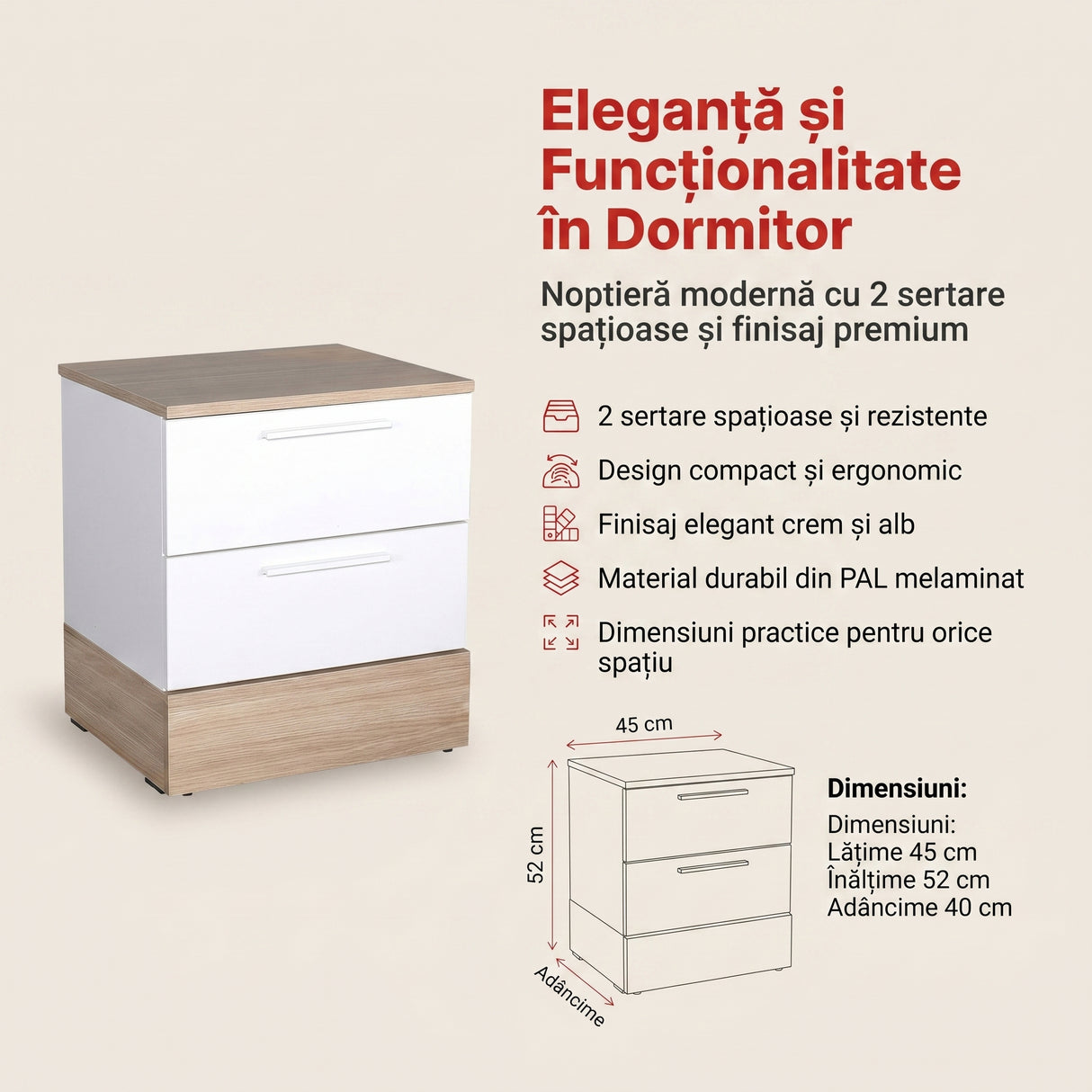 Noptiera Adore Base, 2 sertare, 45 x 52 x 40 cm