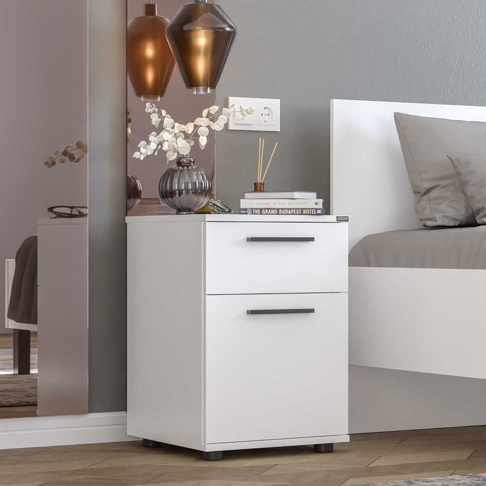 Noptiera Adore White, 2 sertare, Usa reversibila, Alb, 40x57x41 cm