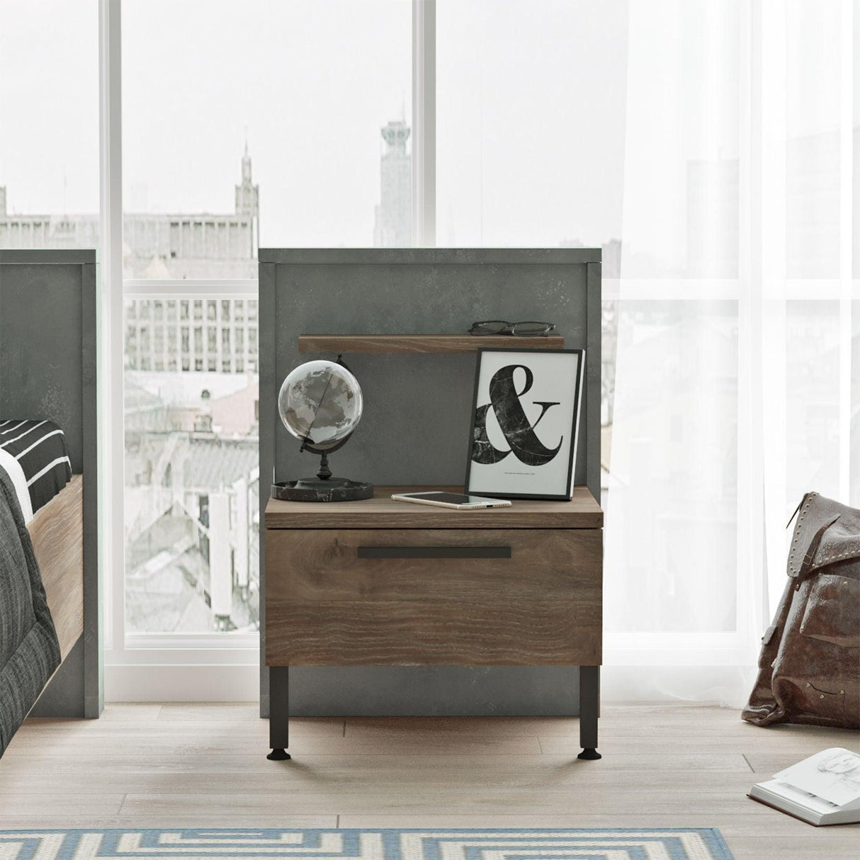 Noptiera Airbnb cu raft si sertar, Maro, 44 x 59 x 45 cm