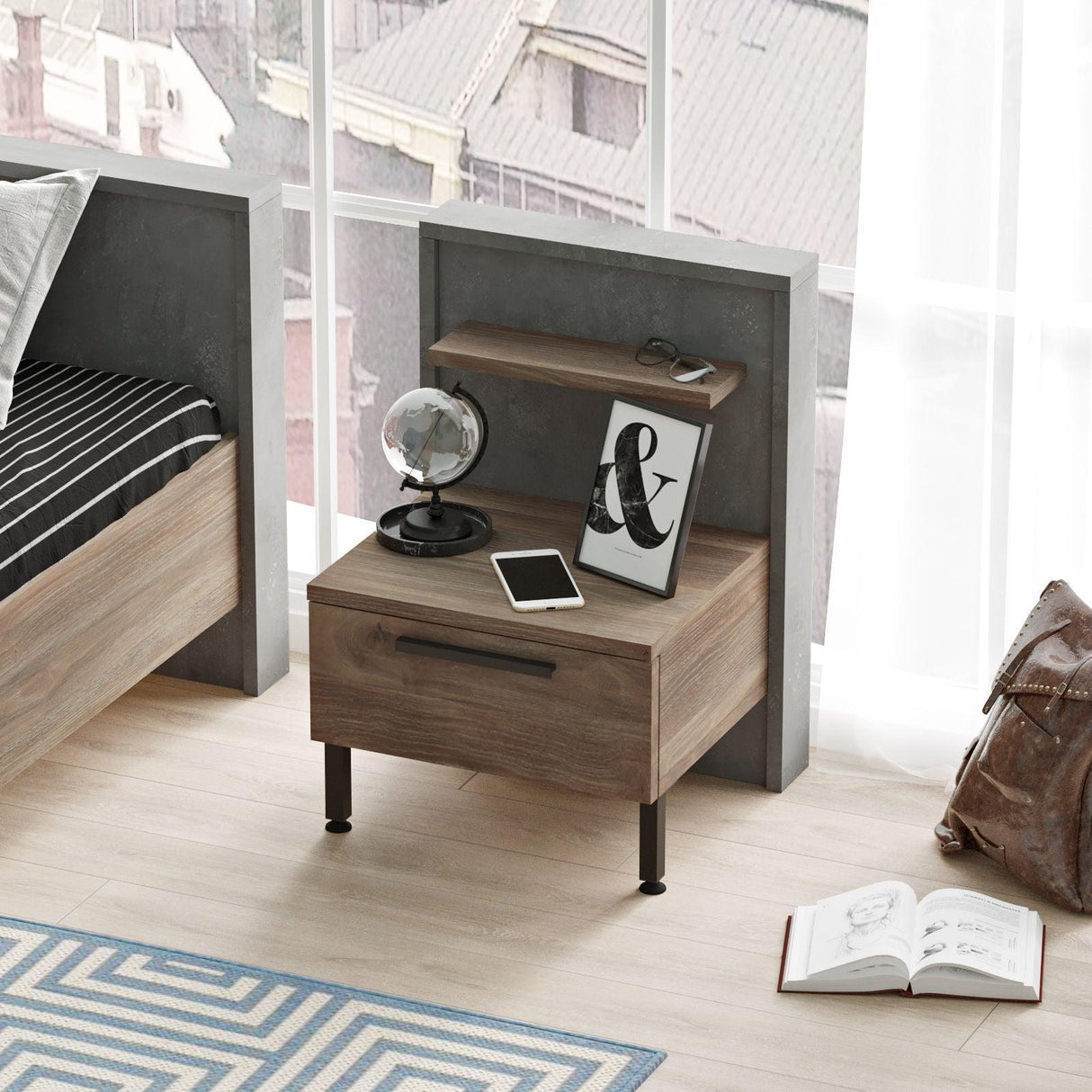 Noptiera Airbnb cu raft si sertar, Maro, 44 x 59 x 45 cm