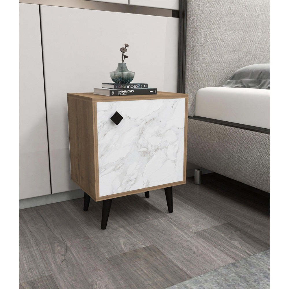 Noptiera Hastikoz cu usa, Alb - Stejar - Lemn, Natural, 45x65x35 cm - Gri